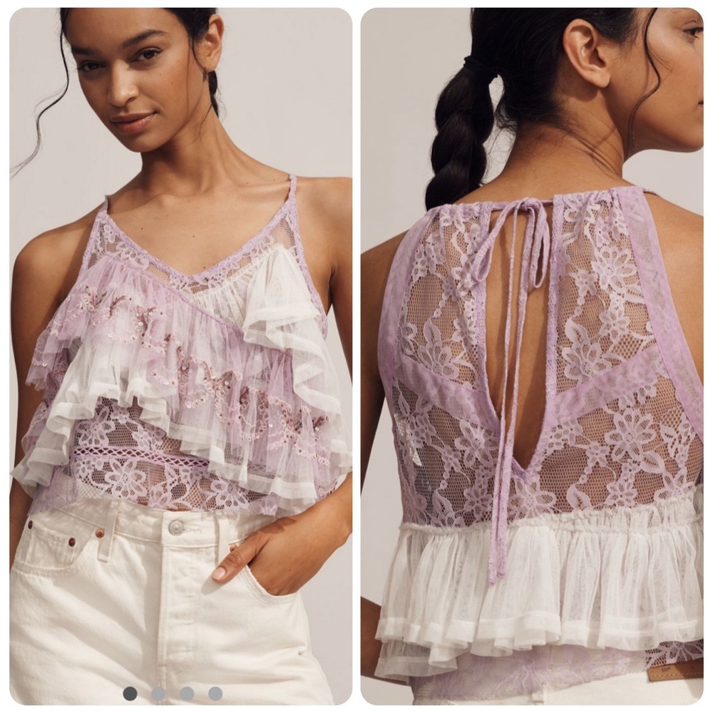 Forever That Girl Anthro‎ Lilac Lace Ruffle Sequin Crop Top Women's Size Medium